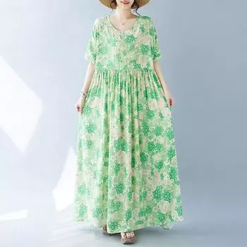 Новое хлопковое платье больших размеров с коротким рукавом и цветочным принтом для женщин, повседневное свободное длинное летнее платье