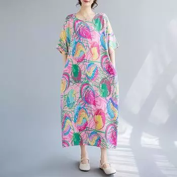 Новое хлопковое платье больших размеров с коротким рукавом и цветочным принтом для женщин, повседневное свободное длинное летнее платье