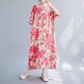 Новое хлопковое платье больших размеров с коротким рукавом и цветочным принтом для женщин, повседневное свободное длинное летнее платье
