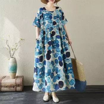 Новое хлопковое платье больших размеров с коротким рукавом и цветочным принтом для женщин, повседневное свободное длинное летнее платье синий