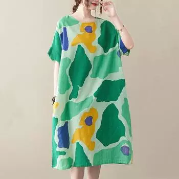 Новое хлопковое платье больших размеров с коротким рукавом и цветочным принтом для женщин, повседневное свободное длинное летнее платье зелёный