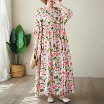 Новое хлопковое платье больших размеров с коротким рукавом и цветочным принтом для женщин, повседневное свободное длинное летнее платье
