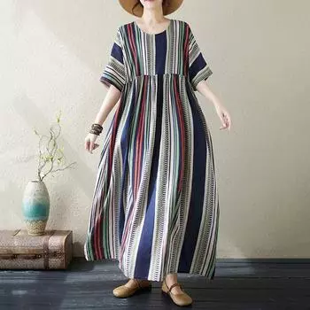 Новое хлопковое платье больших размеров с коротким рукавом и цветочным принтом для женщин, повседневное свободное длинное летнее платье