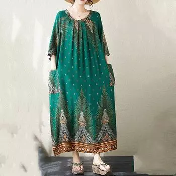 Новое хлопковое платье больших размеров с коротким рукавом и цветочным принтом для женщин, повседневное свободное длинное летнее платье зелёный