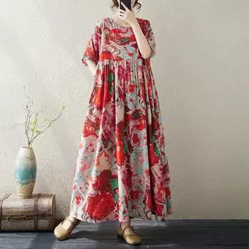 Новое хлопковое платье больших размеров с коротким рукавом и цветочным принтом для женщин, повседневное свободное длинное летнее платье
