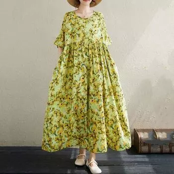 Новое хлопковое платье больших размеров с коротким рукавом и цветочным принтом для женщин, повседневное свободное длинное летнее платье