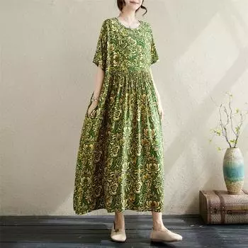 Новое хлопковое платье больших размеров с коротким рукавом и цветочным принтом для женщин, повседневное свободное длинное летнее платье зелёный