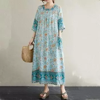 Новое хлопковое платье больших размеров с коротким рукавом и цветочным принтом для женщин, повседневное свободное длинное летнее платье небесно-голубой
