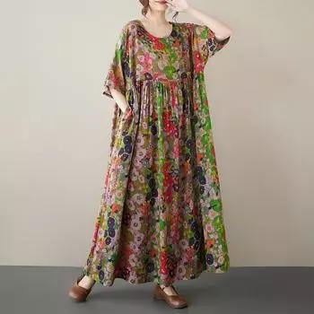Новое хлопковое платье больших размеров с коротким рукавом и цветочным принтом для женщин, повседневное свободное длинное летнее платье