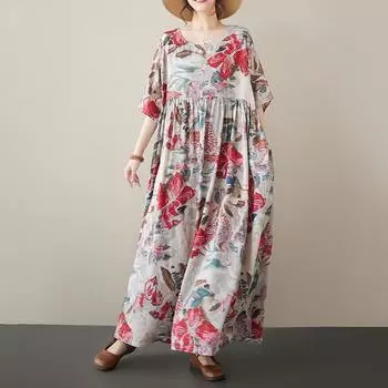 Новое хлопковое платье больших размеров с коротким рукавом и цветочным принтом для женщин, повседневное свободное длинное летнее платье