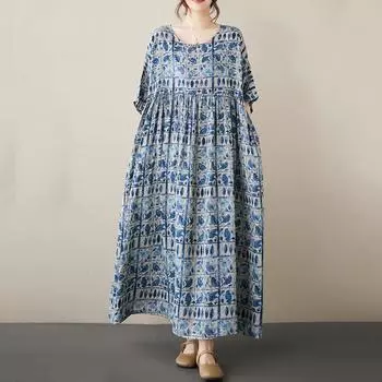 Новое хлопковое платье больших размеров с коротким рукавом и цветочным принтом для женщин, повседневное свободное длинное летнее платье синий