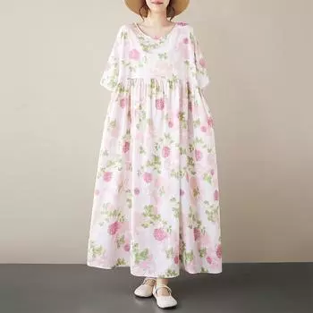 Новое хлопковое платье больших размеров с коротким рукавом и цветочным принтом для женщин, повседневное свободное длинное летнее платье