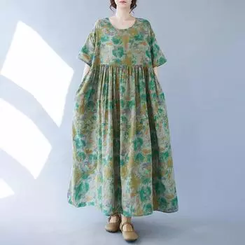 Новое хлопковое платье больших размеров с коротким рукавом и цветочным принтом для женщин, повседневное свободное длинное летнее платье