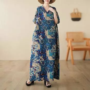 Новое хлопковое платье больших размеров с коротким рукавом и цветочным принтом для женщин, повседневное свободное длинное летнее платье синий