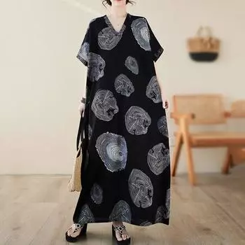 Новое хлопковое платье больших размеров с коротким рукавом и цветочным принтом для женщин, повседневное свободное длинное летнее платье