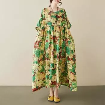 Новое хлопковое платье больших размеров с коротким рукавом и цветочным принтом для женщин, повседневное свободное длинное летнее платье