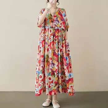 Новое хлопковое платье больших размеров с коротким рукавом и цветочным принтом для женщин, повседневное свободное длинное летнее платье