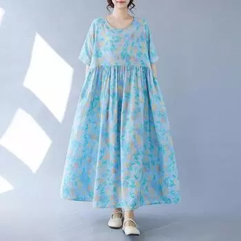 Новое хлопковое платье больших размеров с коротким рукавом и цветочным принтом для женщин, повседневное свободное длинное летнее платье