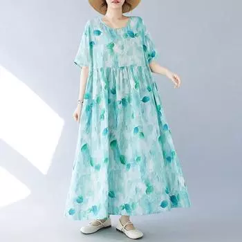 Новое хлопковое платье больших размеров с коротким рукавом и цветочным принтом для женщин, повседневное свободное длинное летнее платье
