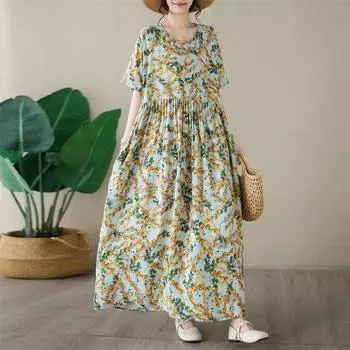 Новое хлопковое платье больших размеров с коротким рукавом и цветочным принтом для женщин, повседневное свободное длинное летнее платье зелёный