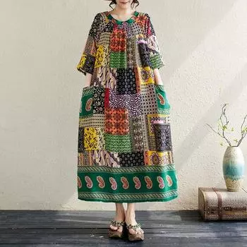 Новое хлопковое платье больших размеров с коротким рукавом и цветочным принтом для женщин, повседневное свободное длинное летнее платье