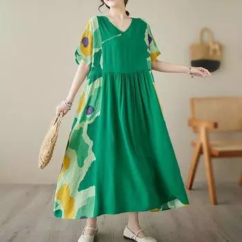 Новое хлопковое платье больших размеров с коротким рукавом и цветочным принтом для женщин, повседневное свободное длинное летнее платье зелёный