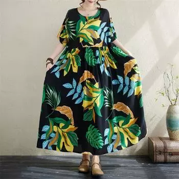 Новое хлопковое платье больших размеров с коротким рукавом и цветочным принтом для женщин, повседневное свободное длинное летнее платье чёрный