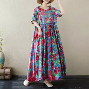 Новое хлопковое платье больших размеров с коротким рукавом и цветочным принтом для женщин, повседневное свободное длинное летнее платье синий