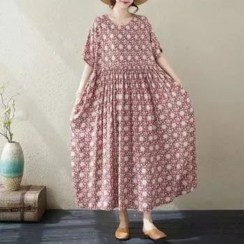 Новое хлопковое платье больших размеров с коротким рукавом и цветочным принтом для женщин, повседневное свободное длинное летнее платье чёрный