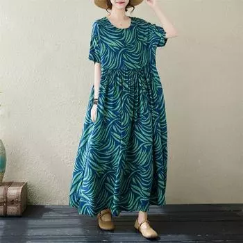 Новое хлопковое платье больших размеров с коротким рукавом и цветочным принтом для женщин, повседневное свободное длинное летнее платье синий