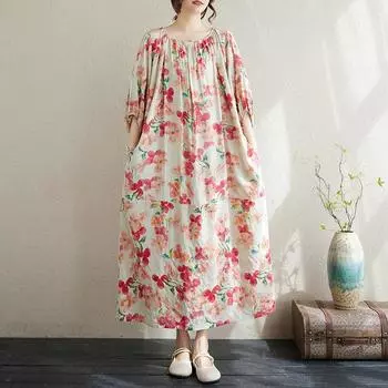 Новое хлопковое платье больших размеров с коротким рукавом и цветочным принтом для женщин, повседневное свободное длинное летнее платье
