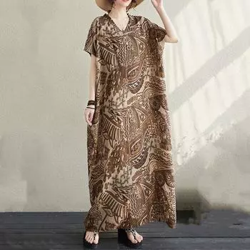 Новое хлопковое платье больших размеров с коротким рукавом и цветочным принтом для женщин, повседневное свободное длинное летнее платье