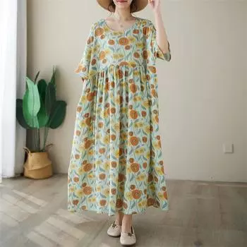 Новое хлопковое платье больших размеров с коротким рукавом и цветочным принтом для женщин, повседневное свободное длинное летнее платье