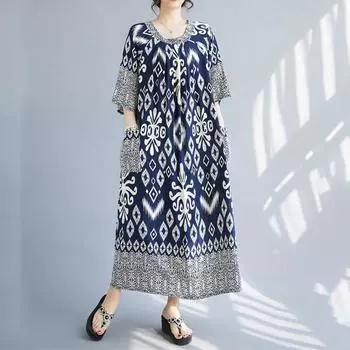 Новое хлопковое платье больших размеров с коротким рукавом и цветочным принтом для женщин, повседневное свободное длинное летнее платье темно-синий