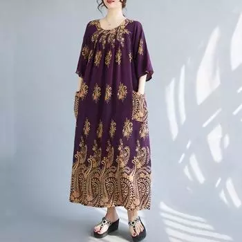 Новое хлопковое платье больших размеров с коротким рукавом и цветочным принтом для женщин, повседневное свободное длинное летнее платье фиолетовый