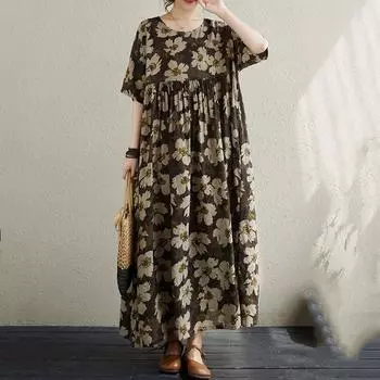 Новое хлопковое платье больших размеров с коротким рукавом и цветочным принтом для женщин, повседневное свободное длинное летнее платье