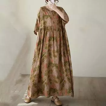Новое хлопковое платье больших размеров с коротким рукавом и цветочным принтом для женщин, повседневное свободное длинное летнее платье
