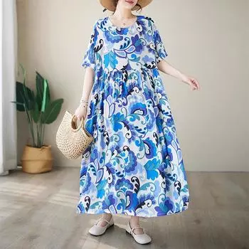 Новое хлопковое платье больших размеров с коротким рукавом и цветочным принтом для женщин, повседневное свободное длинное летнее платье синий
