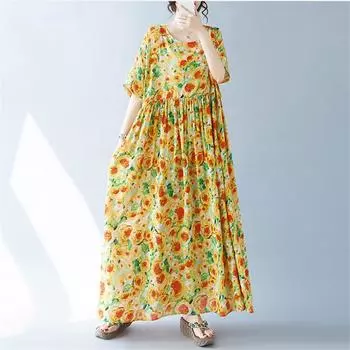 Новое хлопковое платье больших размеров с коротким рукавом и цветочным принтом для женщин, повседневное свободное длинное летнее платье