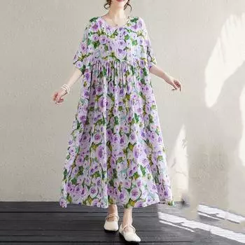 Новое хлопковое платье больших размеров с коротким рукавом и цветочным принтом для женщин, повседневное свободное длинное летнее платье фиолетовый