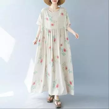 Новое хлопковое платье больших размеров с коротким рукавом и цветочным принтом для женщин, повседневное свободное длинное летнее платье