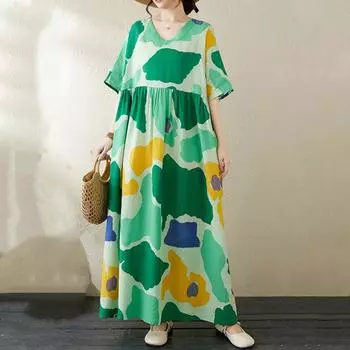 Новое хлопковое платье больших размеров с коротким рукавом и цветочным принтом для женщин, повседневное свободное длинное летнее платье зелёный