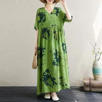 Новое хлопковое платье больших размеров с коротким рукавом и цветочным принтом для женщин, повседневное свободное длинное летнее платье
