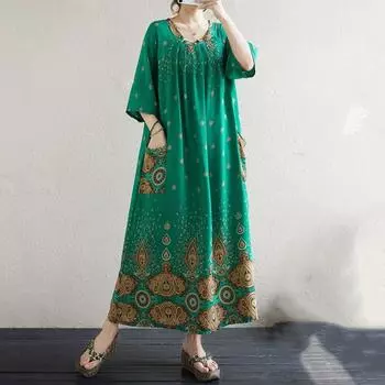 Новое хлопковое платье больших размеров с коротким рукавом и цветочным принтом для женщин, повседневное свободное длинное летнее платье зелёный