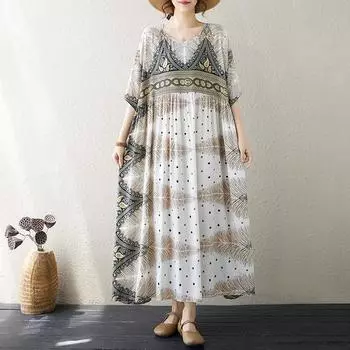 Новое хлопковое платье больших размеров с коротким рукавом и цветочным принтом для женщин, повседневное свободное длинное летнее платье