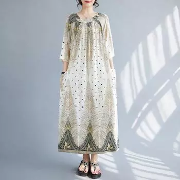 Новое хлопковое платье больших размеров с коротким рукавом и цветочным принтом для женщин, повседневное свободное длинное летнее платье