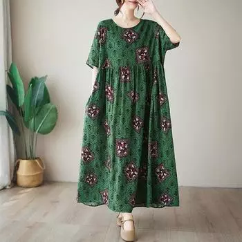 Новое хлопковое платье больших размеров с коротким рукавом и животным принтом, повседневное свободное длинное летнее платье для женщин