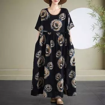 Новое хлопковое платье больших размеров с коротким рукавом и цветочным принтом для женщин, повседневное свободное длинное летнее платье