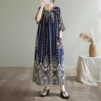 Новое хлопковое платье больших размеров с коротким рукавом и цветочным принтом для женщин, повседневное свободное длинное летнее платье темно-синий