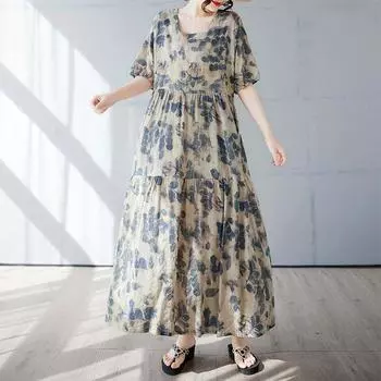 Новое хлопковое платье больших размеров с коротким рукавом и цветочным принтом для женщин, повседневное свободное длинное летнее платье XL